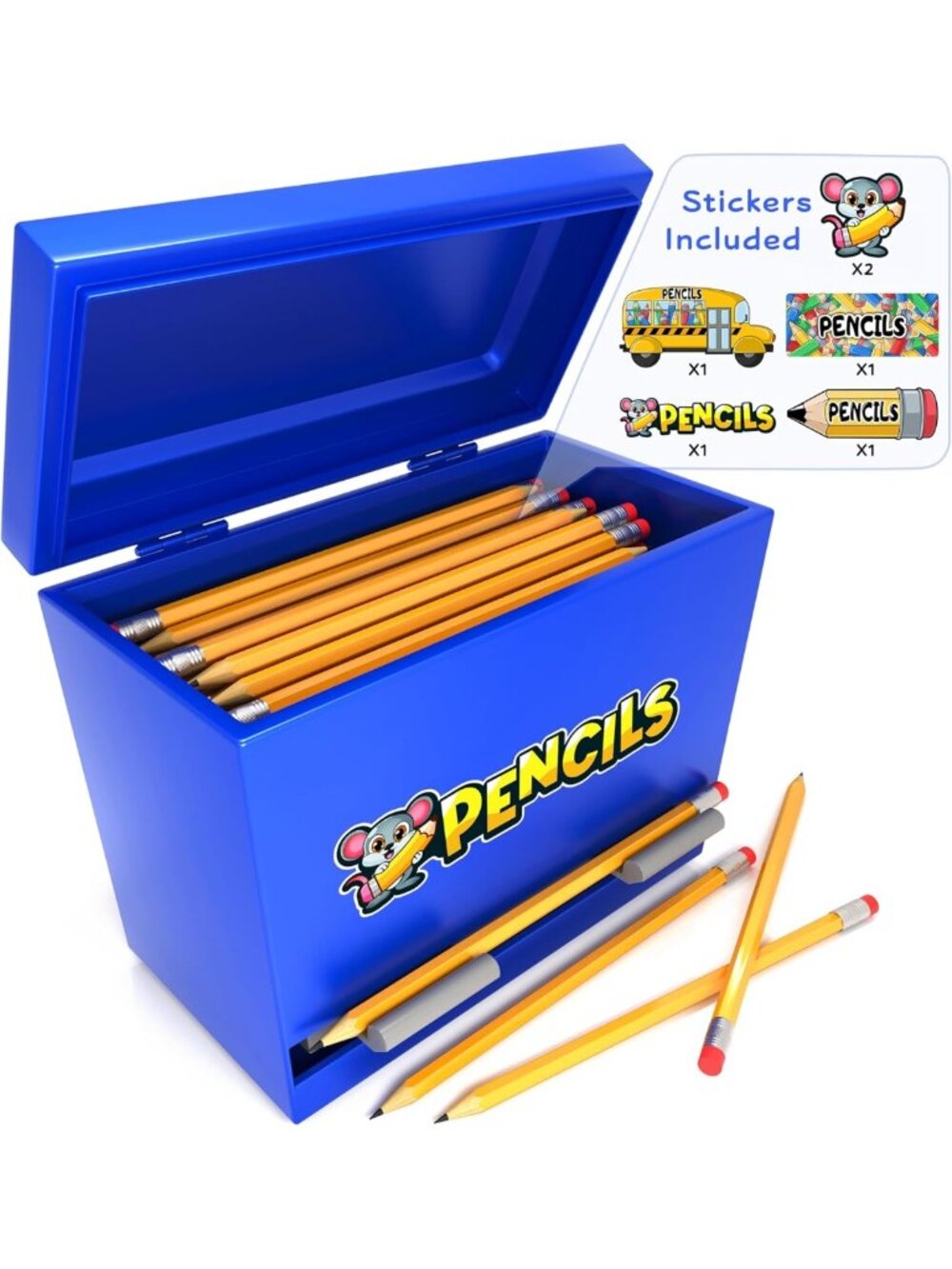 Stylish Blue Stainless Steel Pencil Holder Dispenser with 6 Decorative Stickers